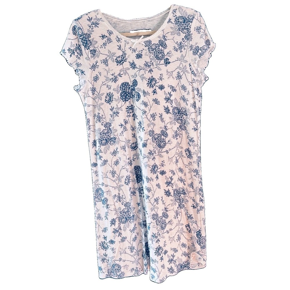LRL Blue Floral Nightgown Medium Cotton Sleep Shirt Grandmacore Cozy Softgirl